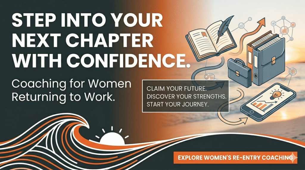 Information-based blog banner for Bold Horizons Women's Re-entry Coaching program with career growth graphics, sunrise motif, and professional development text