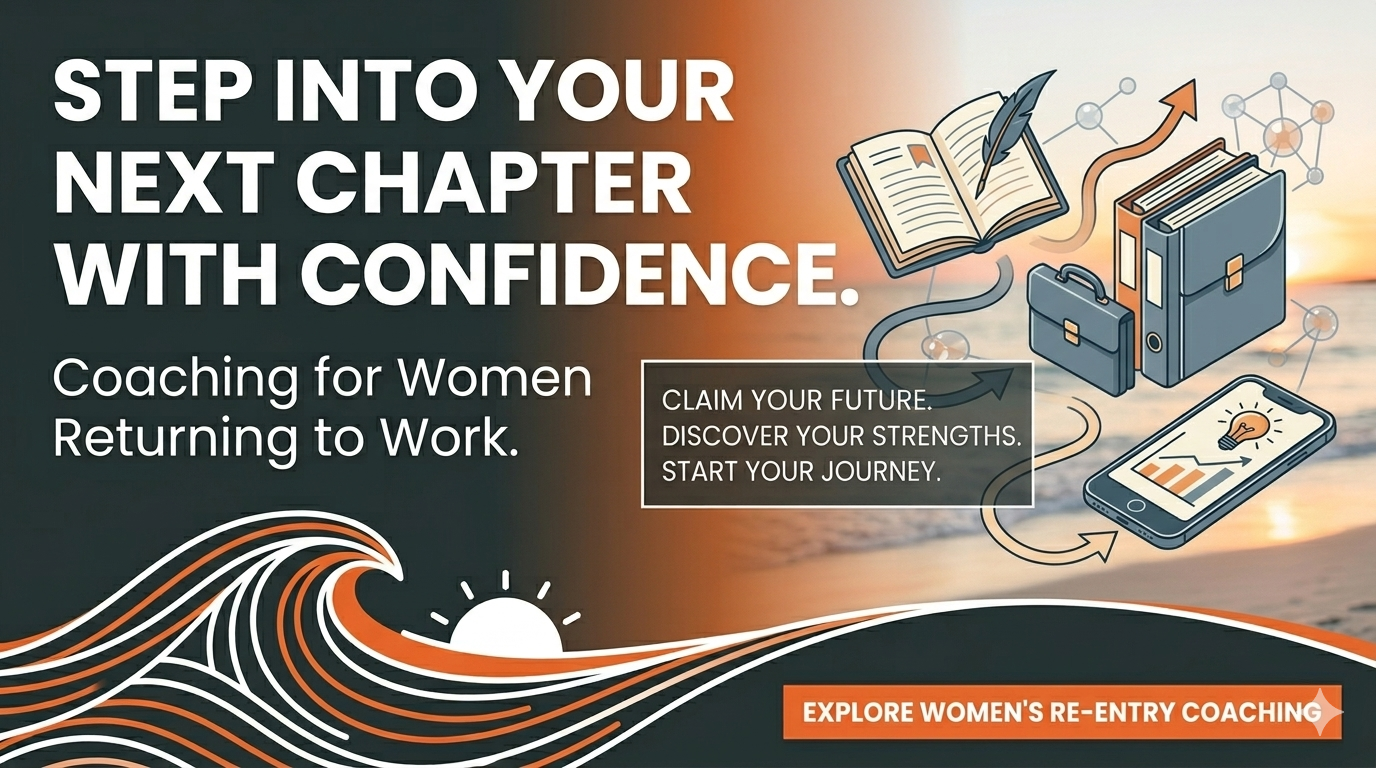 Information-based blog banner for Bold Horizons Women's Re-entry Coaching program with career growth graphics, sunrise motif, and professional development text