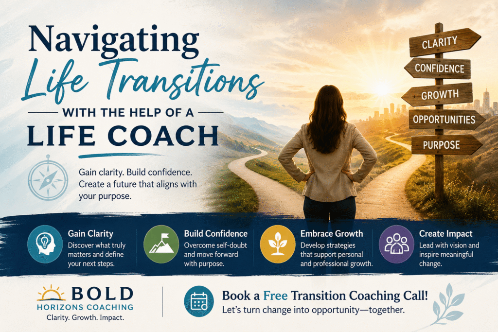 Professional coaching banner showing a person standing at a crossroads facing multiple paths, symbolizing career transitions, personal growth, clarity, confidence, and life coaching support.